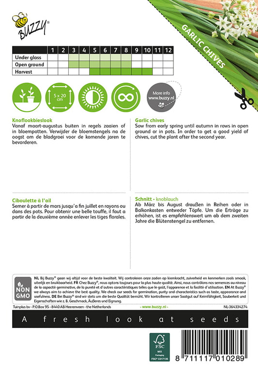 Valkosipuliruohosipuli – Allium tuberosum -siemenpussin takapuoli, jossa kylvö- ja hoito-ohjeet