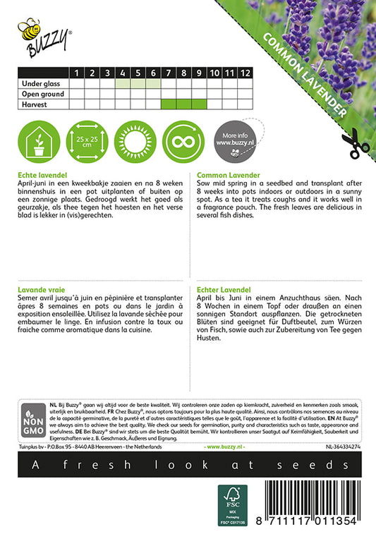 Laventelin siemenpussin takapuoli, jossa kylvö- ja hoito-ohjeet sekä EAN-koodi.