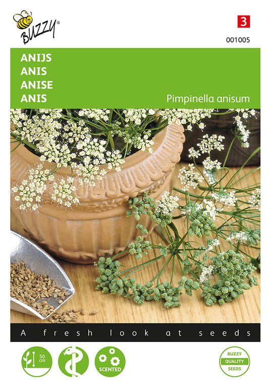 Anis (Pimpinella anisum) -siemenpussin etupuoli, jossa näkyvät pienet, pyöreät anis-siemenet.