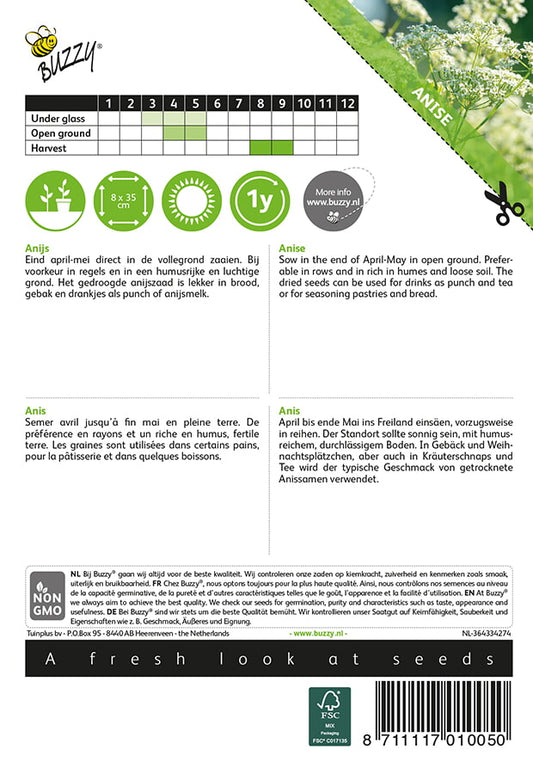 Anis (Pimpinella anisum) -siemenpussin takapuoli, jossa kylvö- ja hoito-ohjeet.
