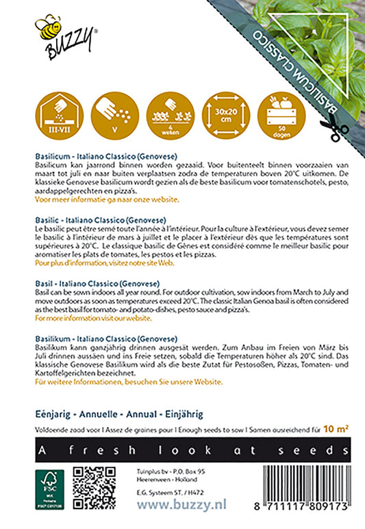 Siemenpussin takapuoli, jossa näkyvät kylvöohjeet ja valmistajan tiedot.