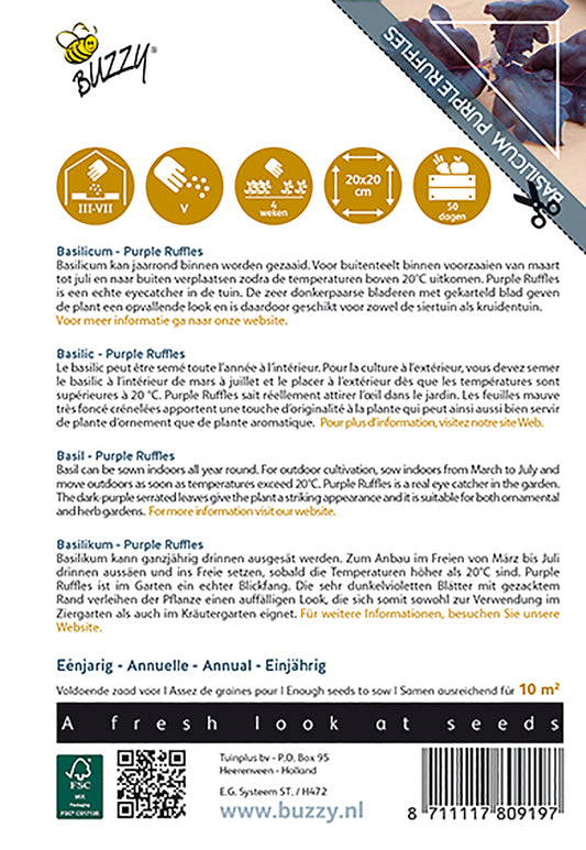 Siemenpussin takapuoli, jossa näkyvät kylvöohjeet ja valmistajan tiedot.