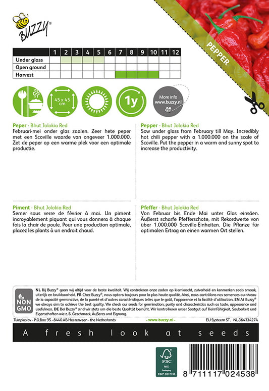 Bhut Jolokia Red -siemenpussin takapuoli, jossa on kylvöohjeet ja tuotetiedot.