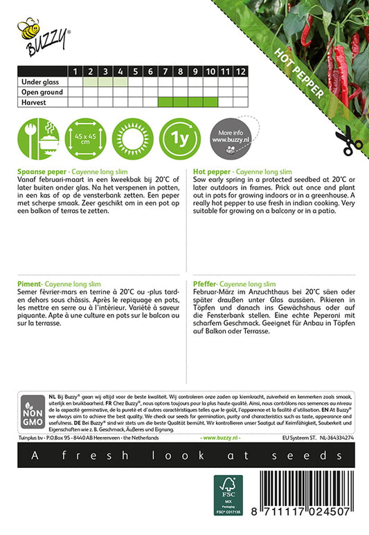 Chili Cayenne Long Slim -siemenpussin takapuoli, jossa näkyy kylvöohjeita ja tuotetiedot.