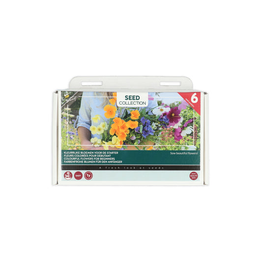 Kukkien siemenseos ‘Colourful Flowers for Beginners’ -pakkauksen etupuoli, kuusi kukkalajia, nimikyltit ja lyijykynä.