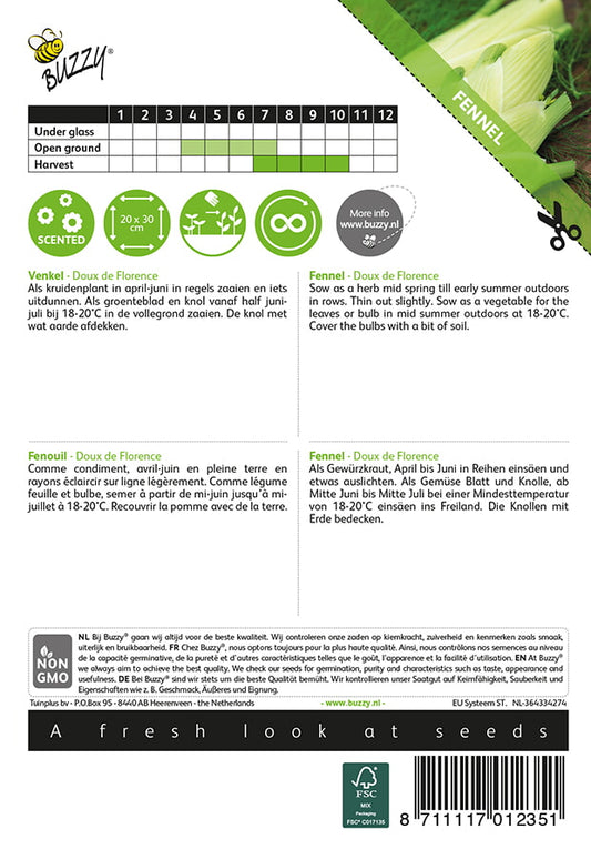 Siemenpussin takapuoli, jossa kylvö- ja hoito-ohjeet sekä viivakoodi.