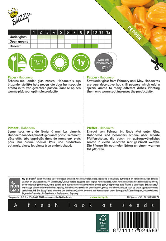 Habanero Orange -siemenpussin takapuoli, jossa on tuotetiedot ja ohjeet esikasvatukseen.