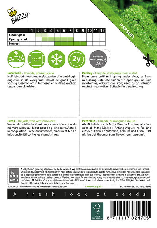 Kähäräpersilja Thujade -siemenpussin takapuoli, jossa on ohjeita ja tuotetiedot.
