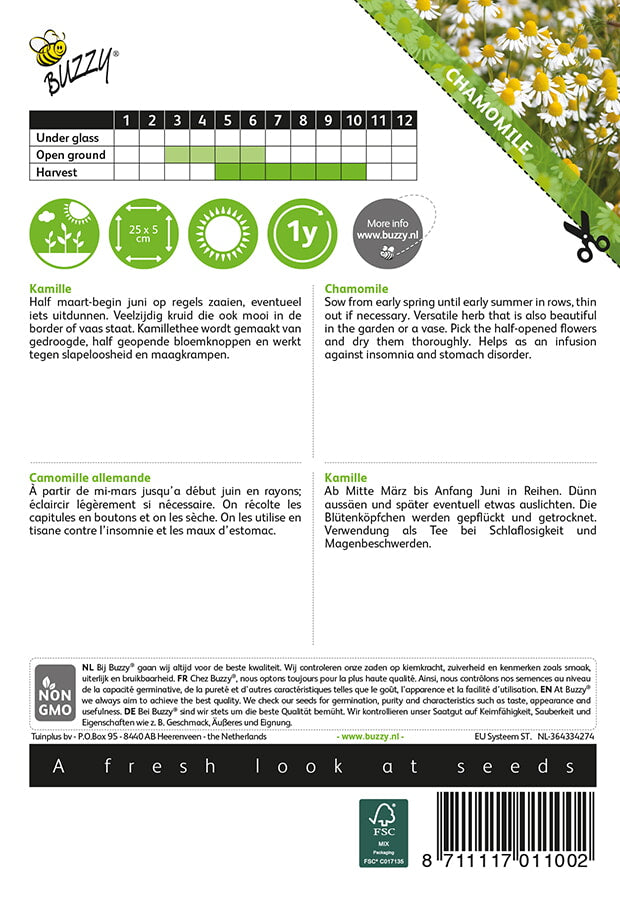 Kamomilla – Matricaria chamomilla -siemenpussin takapuoli, jossa kylvö- ja hoito-ohjeet.
