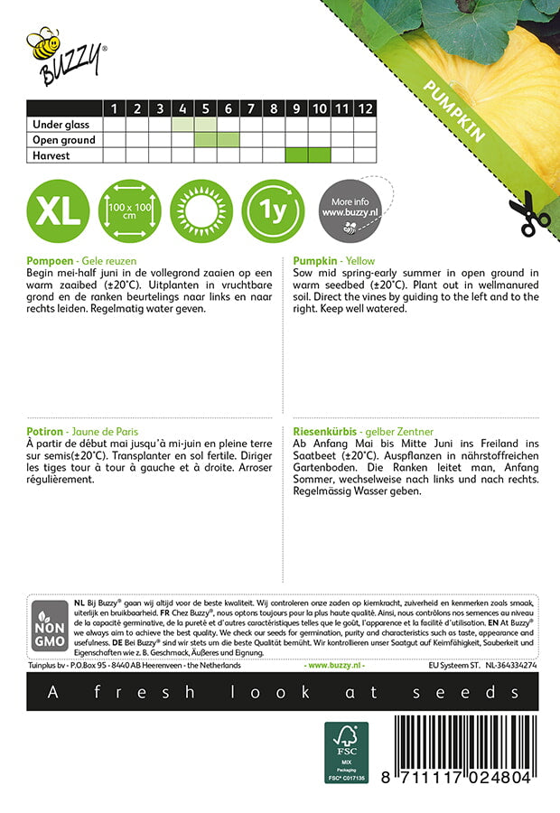 Keltainen kurpitsa -siemenpussin takapuoli, jossa näkyy kylvö- ja hoito-ohjeet.