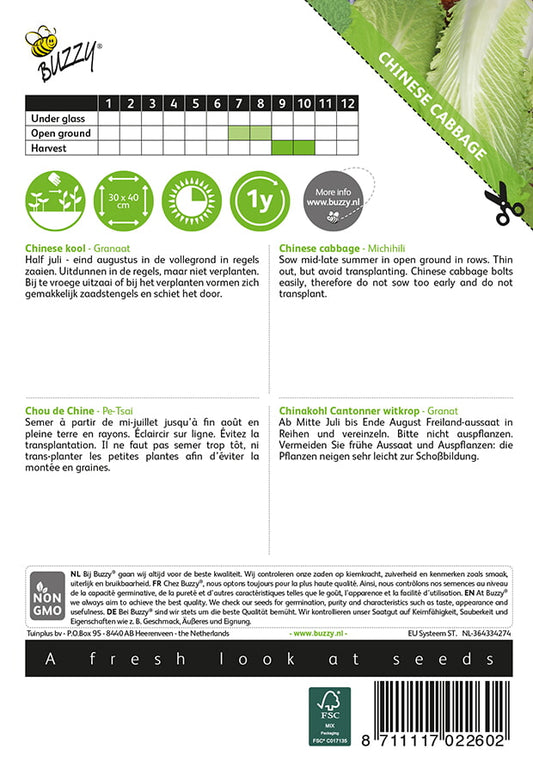 Kiinankaali ‘Michihili’ siemenpussin takapuoli, jossa näkyy kylvö- ja hoito-ohjeet.