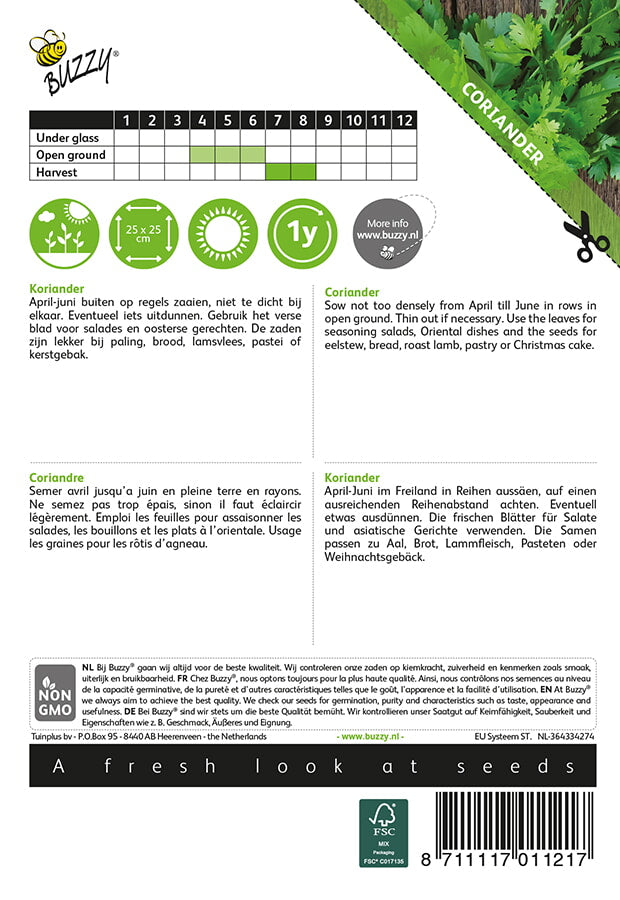 Korianteri (Coriandrum sativum) -siemenpussin takapuoli, jossa kylvö- ja hoito-ohjeet