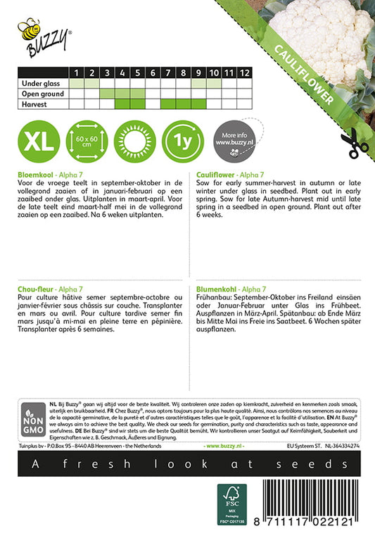 Kukkakaali ‘Alpha 7’ siemenpussin takapuoli, jossa näkyvät kylvöohjeet ja tuotetiedot.