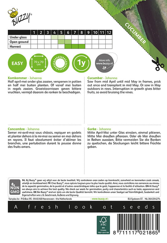 Avomaankurkku ‘Johanna’ siemenpussin takapuoli, jossa kylvö- ja hoito-ohjeet näkyvissä.