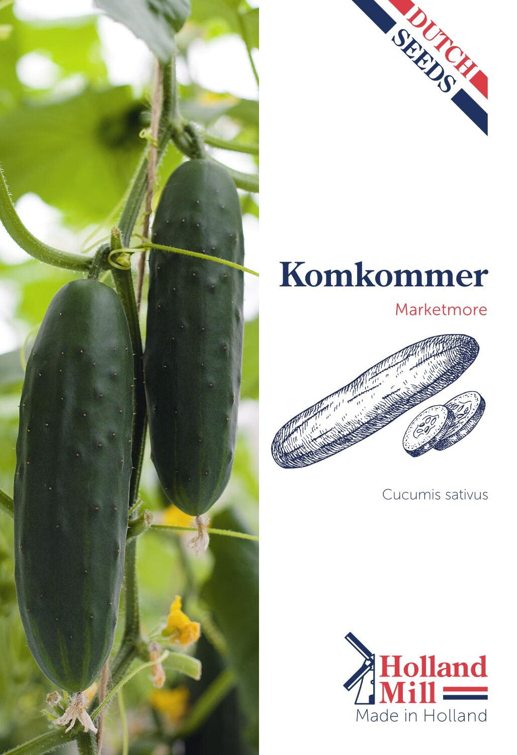 Avomaankurkku ‘Marketmore’ -siemenpussin etupuoli, jossa näkyy tummanvihreitä kurkkuja.