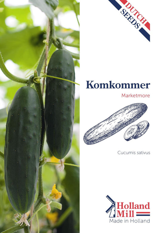 Avomaankurkku ‘Marketmore’ -siemenpussin etupuoli, jossa näkyy tummanvihreitä kurkkuja.