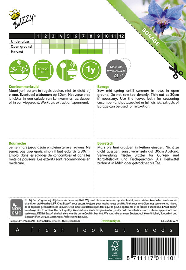 Kurkkuyrtti (Borago officinalis) -siemenpussin takapuoli, jossa kylvöohjeet