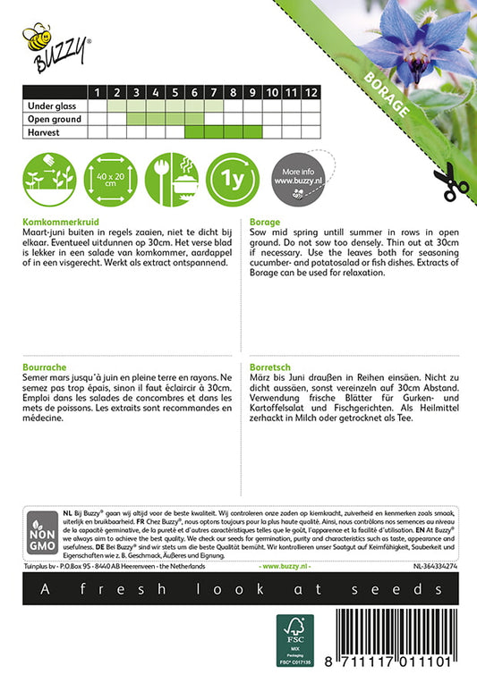 Kurkkuyrtti (Borago officinalis) -siemenpussin takapuoli, jossa kylvöohjeet