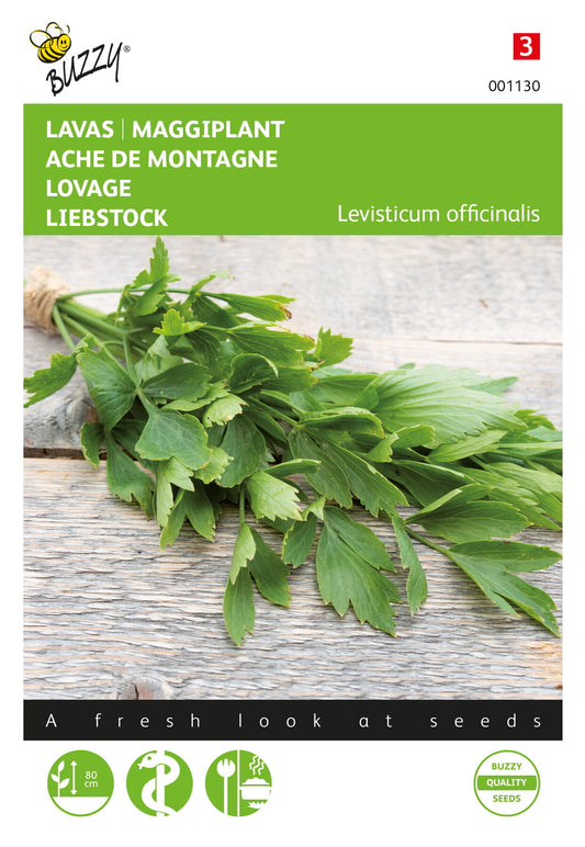 Liperi (Levisticum officinale) -siemenpussin etupuoli, jossa näkyy yrtti vihreänä ja Buzzy®-logo