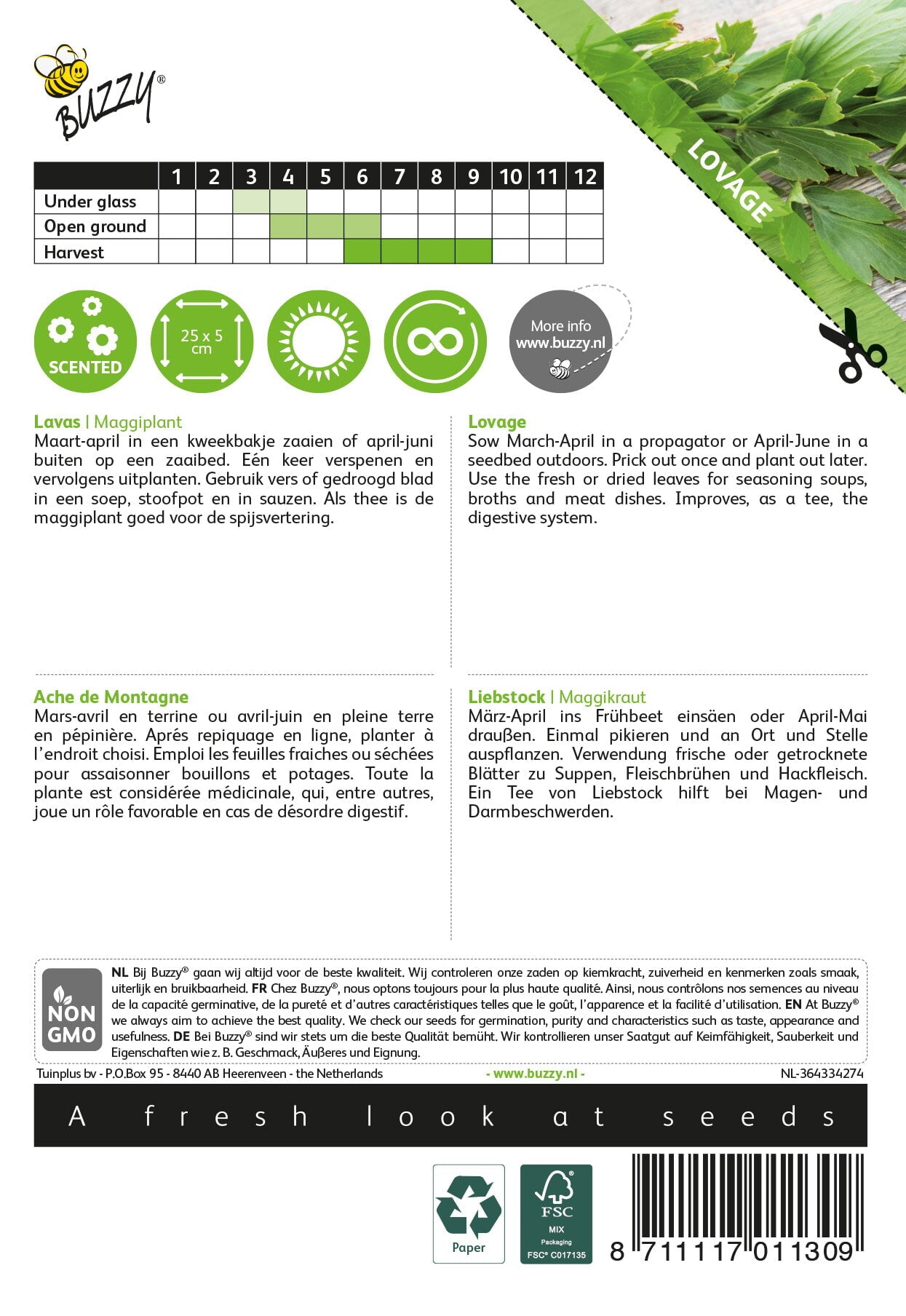 Liperi (Levisticum officinale) -siemenpussin takapuoli, jossa kylvö- ja hoito-ohjeet