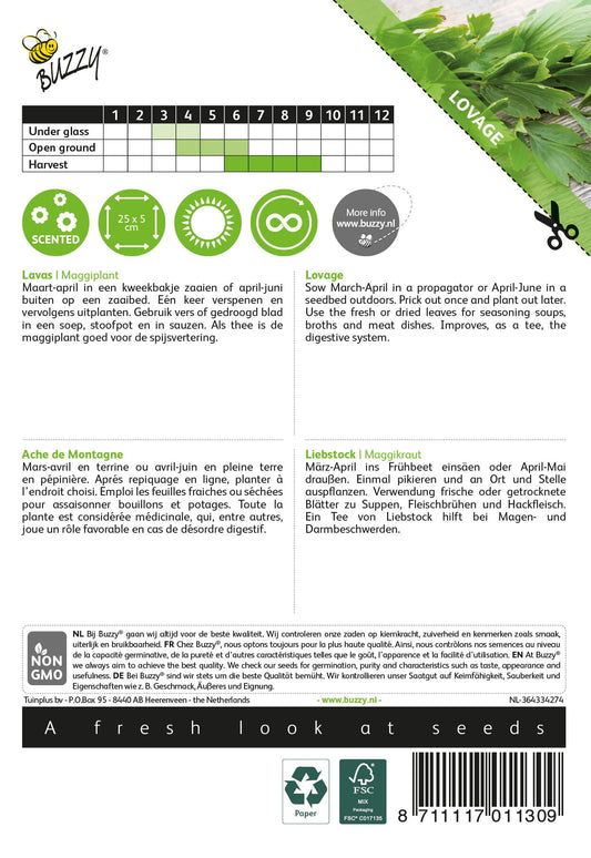 Liperi (Levisticum officinale) -siemenpussin takapuoli, jossa kylvö- ja hoito-ohjeet