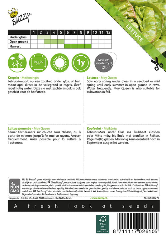 Maiking-salaatin siemenpussin takapuoli, jossa näkyvät kylvö- ja hoito-ohjeet.