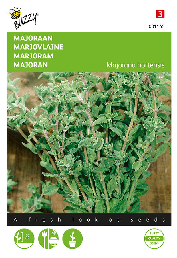 Meirami (Majorana hortensis) -siemenpussin etupuoli, jossa näkyy vihreä yrtti ja Buzzy®-brändi