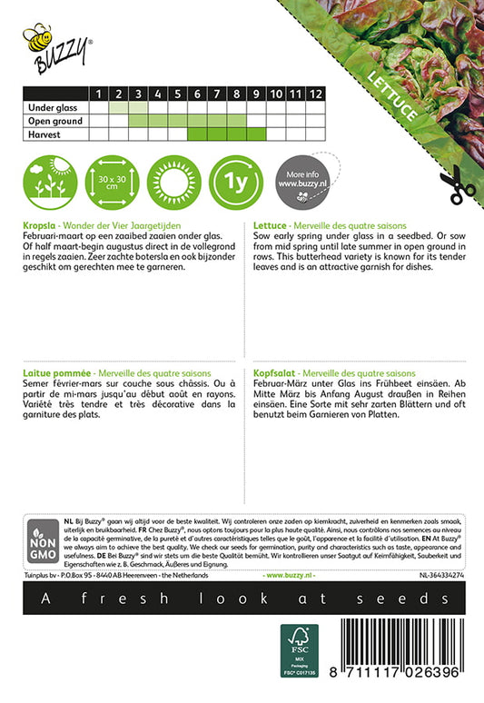 Merveille Four Seasons -salaatin siemenpussin takapuoli, jossa näkyvät kylvö- ja hoito-ohjeet.