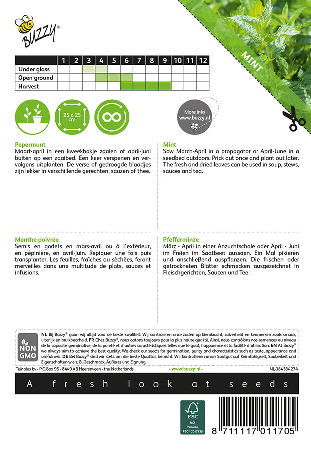 Minttu (Mentha x piperita) -siemenpussin takapuoli, jossa näkyvät kylvö- ja hoito-ohjeet
