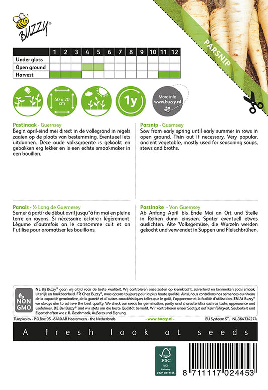 Palsternakka Guernsey -siemenpussin takapuoli, jossa näkyy kylvö- ja hoito-ohjeita.
