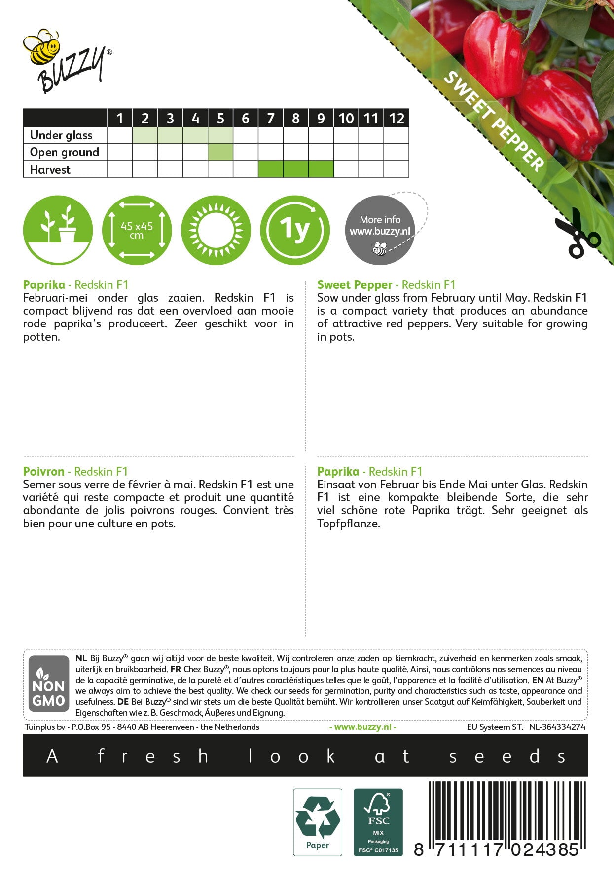 Makeapaprika ‘Redskin F1’ siemenpussin takapuoli, jossa näkyy kasvatus- ja kylvöohjeet.