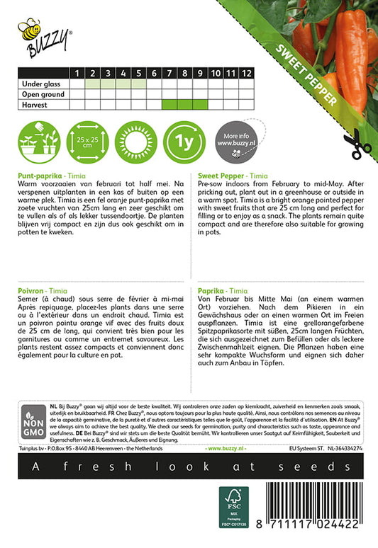 Timia F1 -siemenpussin takapuoli, jossa on kasvatusohjeet ja tuotetiedot.