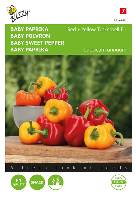 Tinkerbell Red & Yellow F1 -paprikoiden siemenpussin etupuoli, jossa näkyy punaisia ja keltaisia baby-paprikoita.