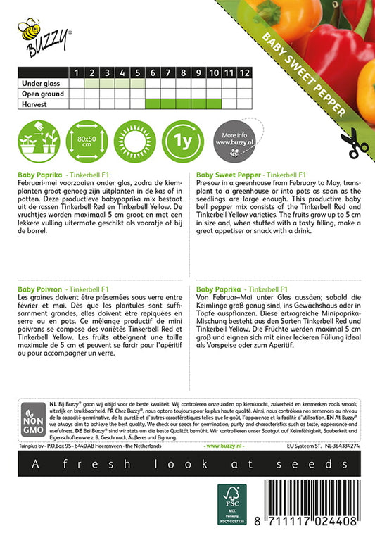 Tinkerbell Red & Yellow F1 -siemenpussin takapuoli, jossa kasvatusohjeet ja tuotetiedot.