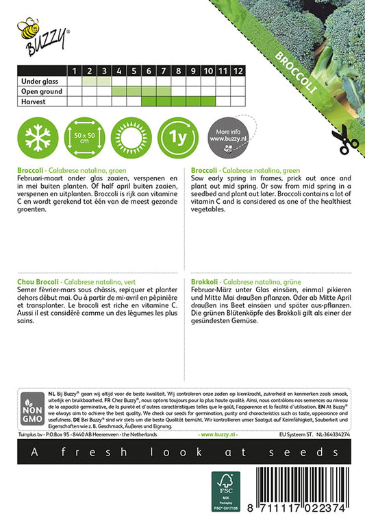 Parsakaali ‘Calabrese Natalino’ siemenpussin takapuoli, jossa näkyvät kylvö- ja kasvatusohjeet.