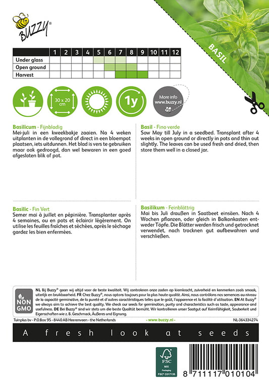 Pienilehtinen pensasbasilika – Ocimum basilicum -siemenpussin takapuoli, jossa on kylvö- ja hoito-ohjeet.