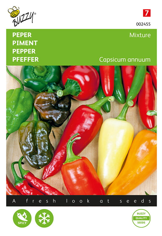 Chili Pepper Mix -siemenpussin etupuoli, jossa näkyy viiden chililajikkeen monivärinen valikoima.