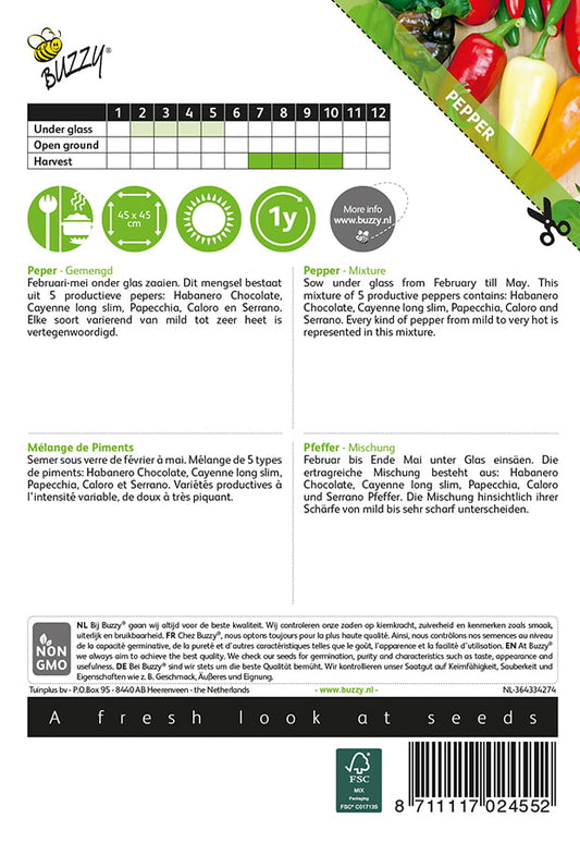 Chili Pepper Mix -siemenpussin takapuoli, jossa on tuotetiedot ja kylvöohjeet.