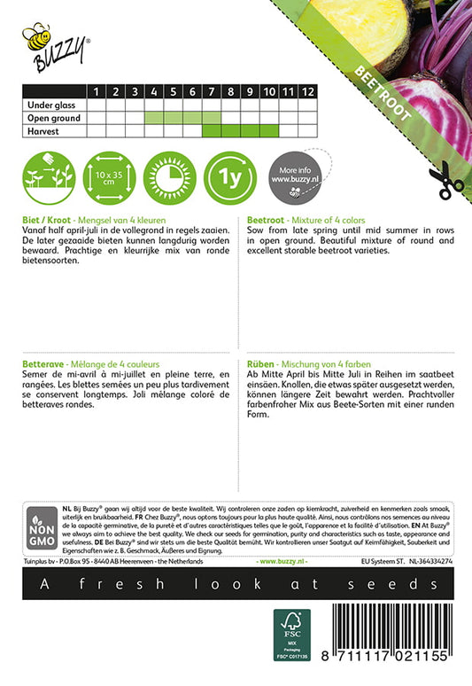 Punajuuren ‘4 Color Mix’ siemenpussin takapuoli, jossa kylvöohjeet ja tuotetiedot.