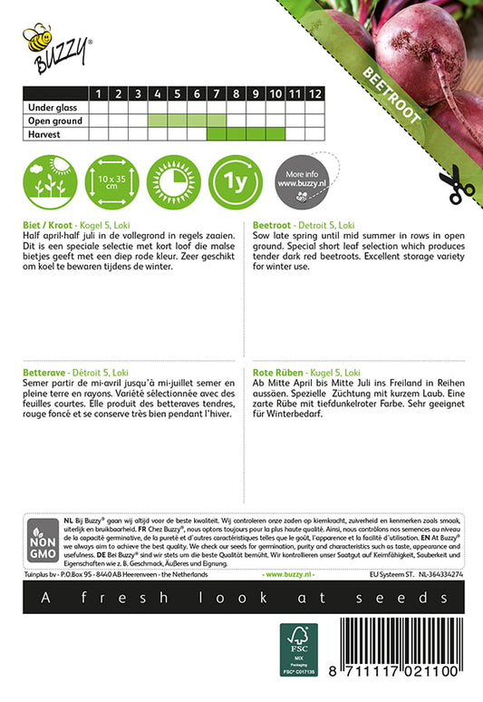 Punajuuren siemenpussin takapuoli, jossa näkyvät kylvö- ja hoito-ohjeet.