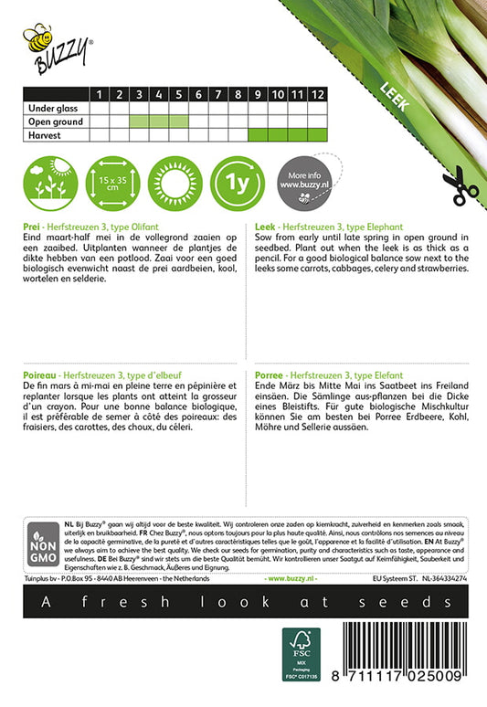 Purjo ‘Autumn Mammoth 3 Elephant’ -siemenpussin takapuoli, jossa näkyvät kylvö- ja kasvatusohjeet.