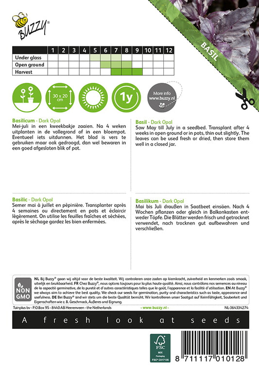 Purppurabasilika – Ocimum basilicum ‘Dark Opal’ -siemenpussin takapuoli, jossa kylvö- ja hoito-ohjeet