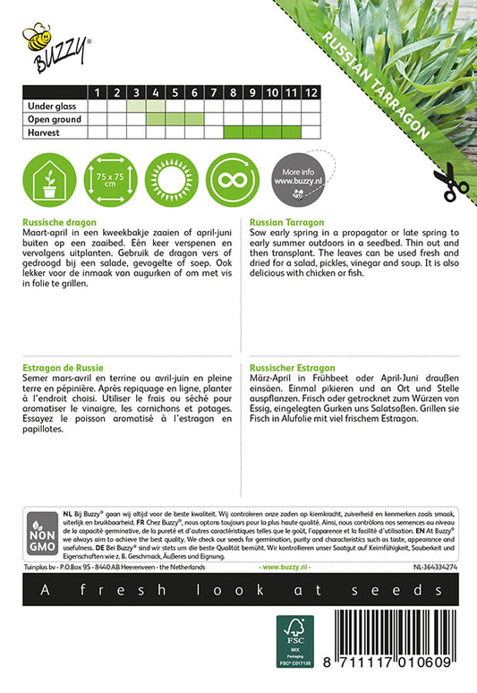 Rakuuna – Artemisia dracunculus -siemenpussin takapuoli, jossa näkyy kylvö- ja hoito-ohjeet