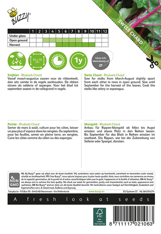 Raparperimangoldin siemenpussin takapuoli, jossa ohjeet kylvöön ja käyttöön.