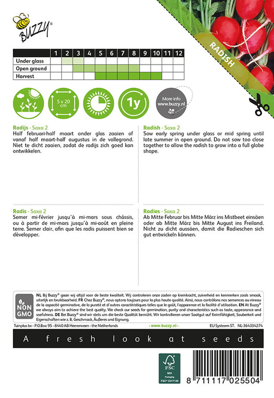 Retiisi ‘Saxa 2’ -siemenpussin takapuoli, jossa on kylvö- ja hoito-ohjeita.