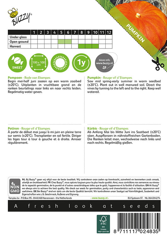 Rouge vif d’Etampes -kurpitsan siemenpussin takapuoli, jossa on kylvö- ja hoito-ohjeet.
