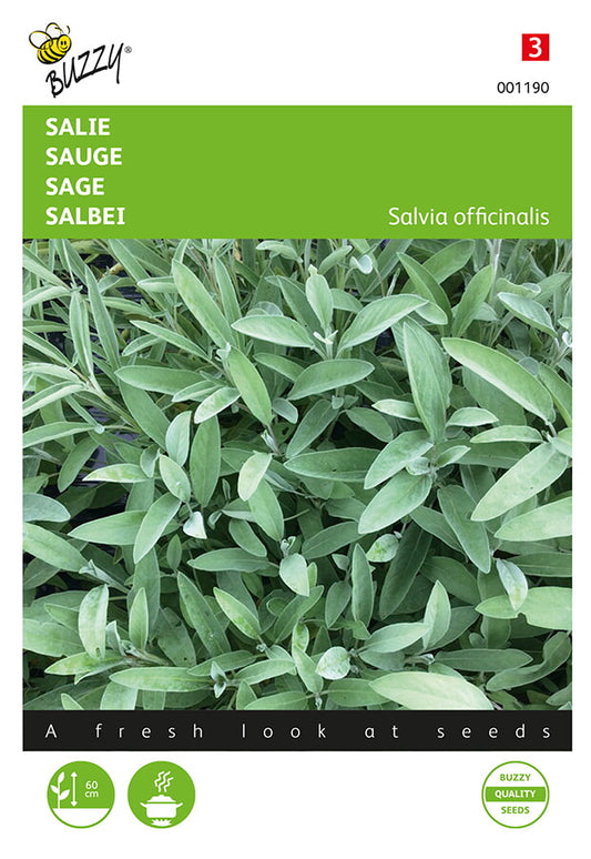 Siemenpussi, jossa Salvia (Salvia officinalis) -yrtti. Buzzy®-brändi, vaalea ja vihreäsävyinen etupuoli.