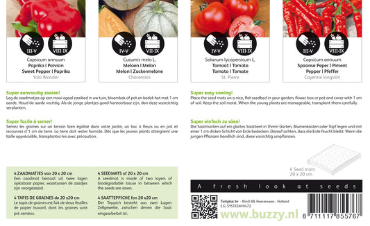 Siemenmaton takapuoli, jossa näkyvät käyttöohjeet ja mukana olevat vihanneslajit.