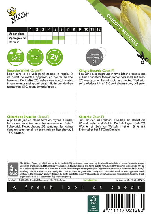 Brysselin sikuri ‘Zoom F1’ siemenpussin takapuoli, jossa kylvöohjeet ja tuotetiedot näkyvissä.