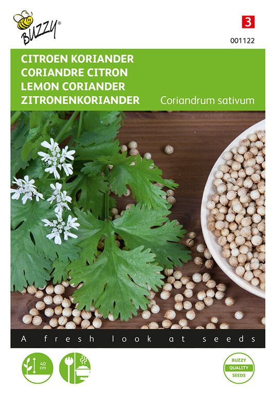 Sitruunakorianteri (Coriandrum sativum) -siemenpussin etupuoli, jossa näkyvät lehdet ja Buzzy®-brändi